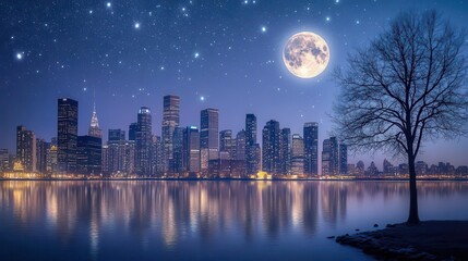 Stunning City Skyline at Night with Full Moon and Twinkling Stars Reflected on Calm Waters
