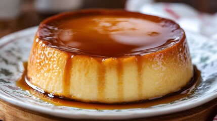 A delectable caramel flan dessert on a decorative plate