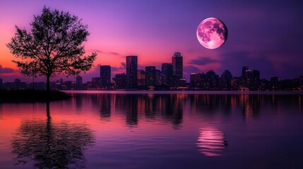 Stunning Cityscape at Twilight with Tree Silhouette and Vibrant Moon Over Water Reflection