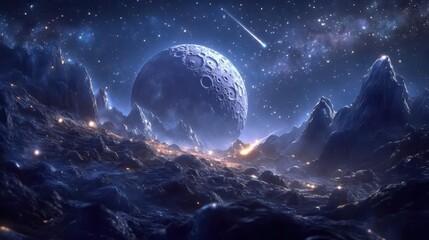 Stunning Cosmic Landscape Featuring a Large Planet Amidst Sparkling Stars and Mountainous Terrain