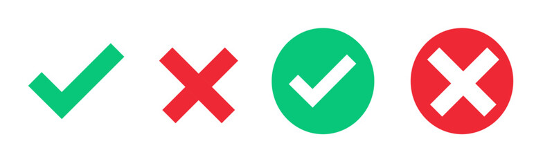 Check mark icon button set. Check box icon with right and wrong buttons and yes or no checkmark icons in green tick box and red cross. Isolated checkmark symbol, right and wrong sign concept.