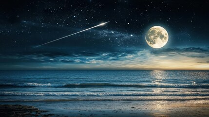 Stunning Night Sky over Calm Ocean with Bright Moon and Shooting Stars in Tranquil Seascape