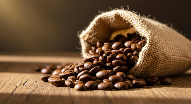 Dark coffee beans spill from a burlap sack onto a textured beige fabric. A blurred green backdrop adds a natural feel. The coffee industry theme showcases premium quality with earthy brown