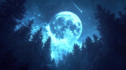 Stunning Full Moon Illuminating a Dense Forest Under a Starry Night Sky with a Comet