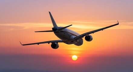 Soaring into the Sunset: An airplane gracefully ascends into the sky, silhouetted against a vibrant sunset, symbolizing journeys and the wonder of flight.