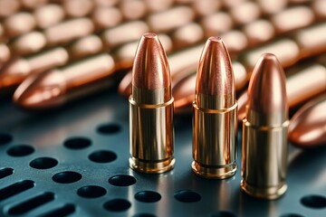 9mm bullets standing on metal surface with blurry ammunition in background