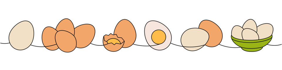 Farm eggs one line colored continuous drawing. Boiled eggs, broken eggshell, omelette, protein and yolk. Vector illustration