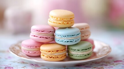Obraz premium Colorful macarons elegantly arranged on a plate, capturing the essence of delicious desserts