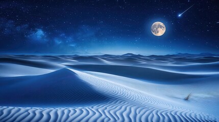 Stunning Desert Landscape Under a Bright Moonlit Sky Filled With Stars at Night