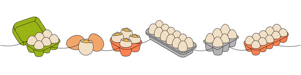 Raw eggs one line colored continuous drawing. Boiled eggs, broken eggshell, omelette, protein and yolk. Vector illustration