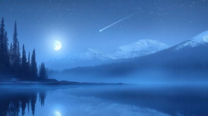 Stunning Moonlit Landscape with Comet Over Tranquil Lake and Snowy Mountains at Night