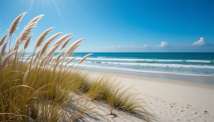 Beach Grass and Turquoise Ocean Waves under Clear Blue Summer Sky