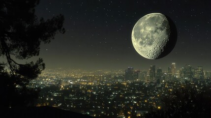 Stunning Night Landscape of a Crescent Moon Over an Illuminated City Skyline with Stars