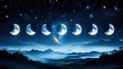 Stunning Phases of the Moon Against a Celestial Night Sky Over a Mountainous Landscape