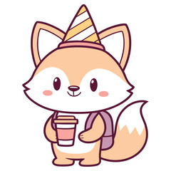 Fox Character with Party Hat, Cup, and Backpack on White Background