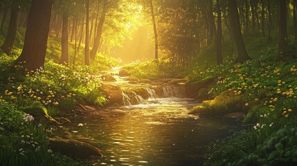 Obraz premium A serene forest stream reflecting warm golden hour light, surrounded by wildflowers and vibrant green foliage. Perfect for nature, relaxation, and scenic themes.. AI Generation