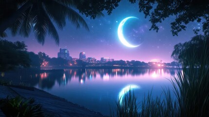 Tranquil Night Scene with Crescent Moon and City Reflection on a Still Lake with Palm Trees