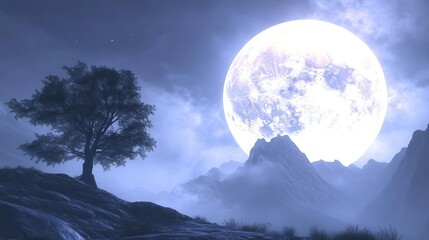 Stunning Moonlit Landscape With Tree Silhouette Against Majestic Mountain Range at Night