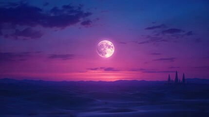Stunning Moonlit Landscape with Vivid Purple and Pink Sky during Twilight Over City Horizon