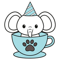 Cute Elephant in Blue Cup with Party Hat & Paw Print Transparent Background