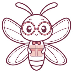 Cute Cartoon Bee with Glasses Holding Gift in Pink and White Transparent background