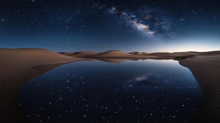 Stunning Night Sky with Milky Way Reflected in Calm Desert Oasis under Starry Atmosphere