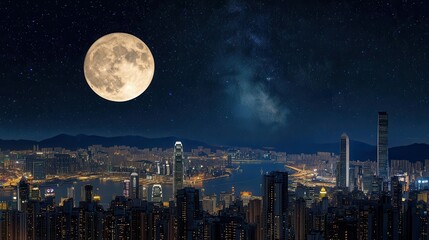 Stunning Nighttime City Skyline Under Bright Full Moon with Starry Sky and Illuminated Buildings