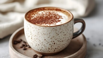 Obraz premium a captivating image of a cappuccino in a ceramic mug, served on a wooden tray, with a scattering of coffee beans