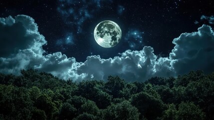 Stunning Night Sky with Full Moon and Clouds Over Lush Green Forest Landscape