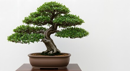 Bonsai Tree in a special pot, isolated on a white background, banner, copy space, against a white wall