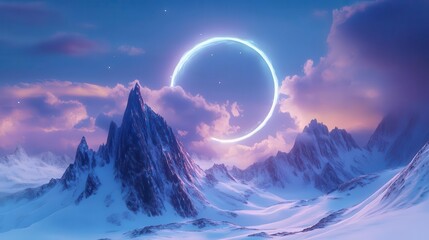 Surreal Snowy Mountain Landscape Under a Dreamy Colorful Sky with Celestial Elements