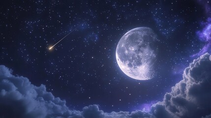 Stunning Night Sky with Full Moon and Shimmering Stars Above Fluffy Clouds