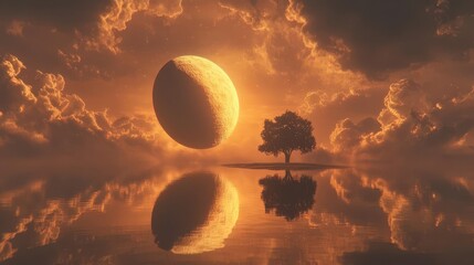 Stunning Sunset with Tree and Reflected Moon Over Calm Water in a Dreamlike Landscape