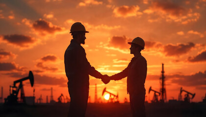 two men shaking hands, dramatic orange sunset sky, oil field, industry