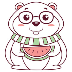 Happy Cartoon Hamster With Glasses, Striped Scarf, Holding Watermelon Slice