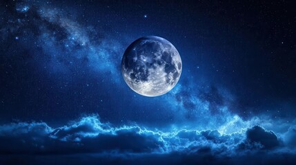 Stunning Night Sky with Full Moon and Glowing Clouds against a Starry Background