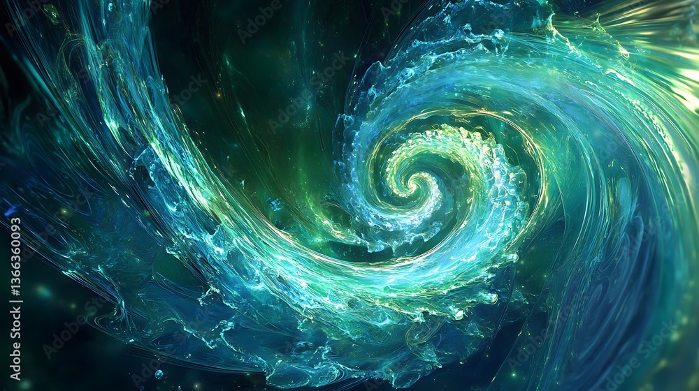 Poster abstract turquoise swirl: captivating spiraling energy with luminous highlights and fluid dynamics f