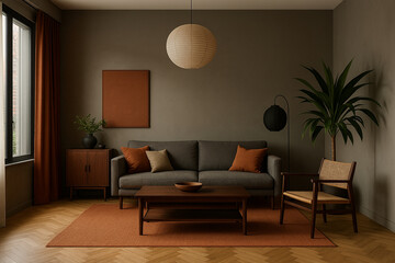 Modern Japandi Living Room with Terracotta Accents and Dark Wood Furniture