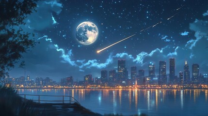 Stunning Nighttime Cityscape with Moon and Stars Over Calm Water Reflecting Urban Lights