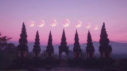 Stunning Twilight View of a Sacred Temple with Lunar Phases in the Background Over Mountains