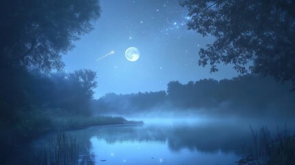 Tranquil Night Scene with Full Moon and Stars Over a Calm Reflective Lake Surrounded by Forest