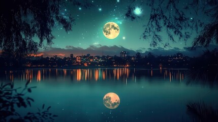 Stunning Nighttime Landscape with Full Moon and City Reflection on Calm Lake at Dusk