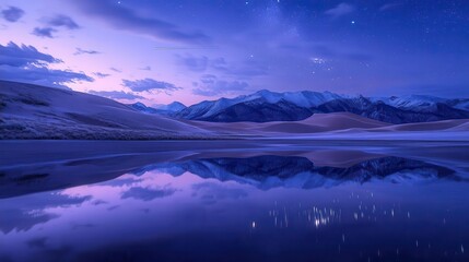 Tranquil Night Landscape with Stars Reflecting on Calm Lake Surrounded by Majestic Mountains