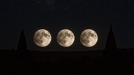 Three Full Moons Rising Over Silhouetted Temples Under Starry Night Sky