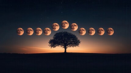 Stunning Silhouette of a Tree with a Sequence of Moons Against a Twilight Sunset Sky