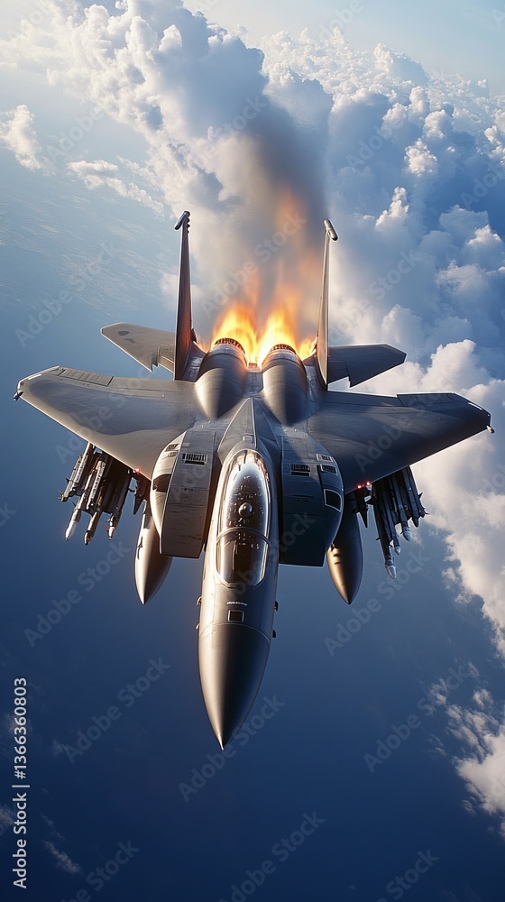 Poster a dramatic scene of a jet fighter soaring through the sky, with vivid afterburners ignited. captured