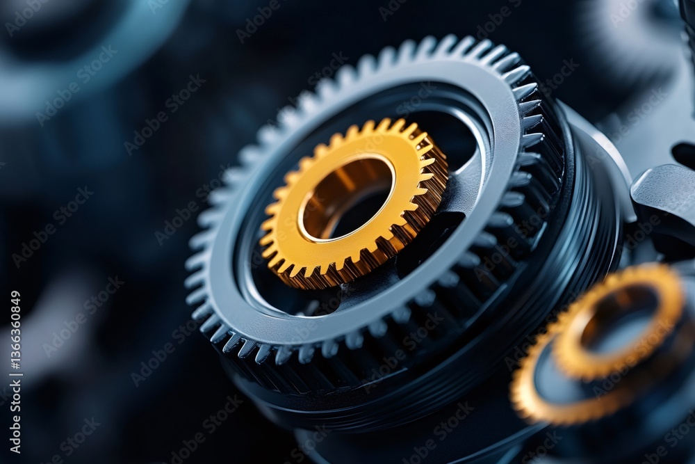 Poster golden and metallic gears rotating together in perfect harmony