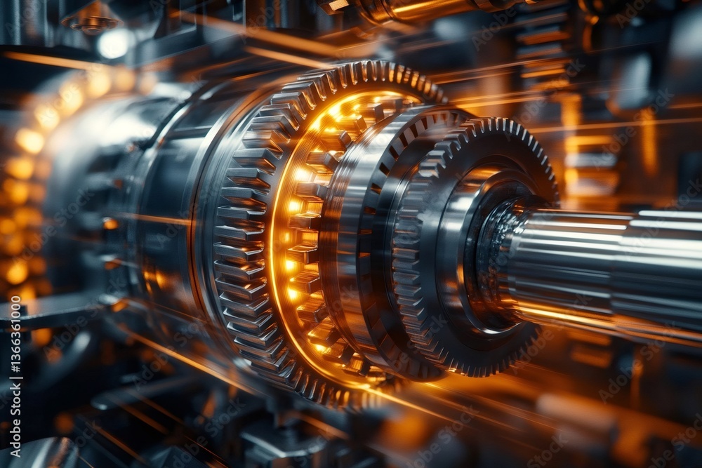Poster close up view of industrial gears rotating smoothly in a complex machinery system