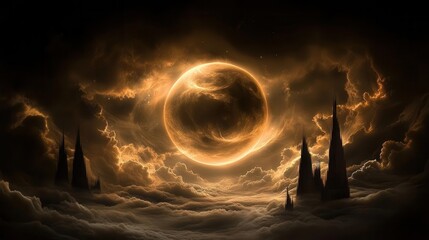 Surreal Celestial Scene with Golden Moon Surrounded by Ominous Clouds and Dark Towers at Night