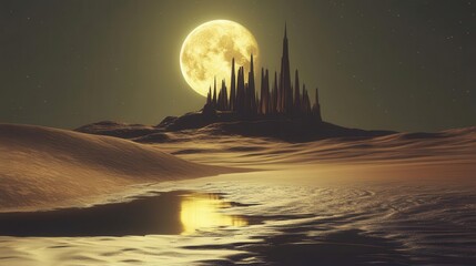 Surreal Desert Landscape with a Fantasy Castle Under a Full Moon and Starry Sky